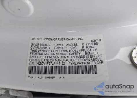 2018 Honda Accord Touring from USA, damaged, VIN 1HGCV1F97JA144152